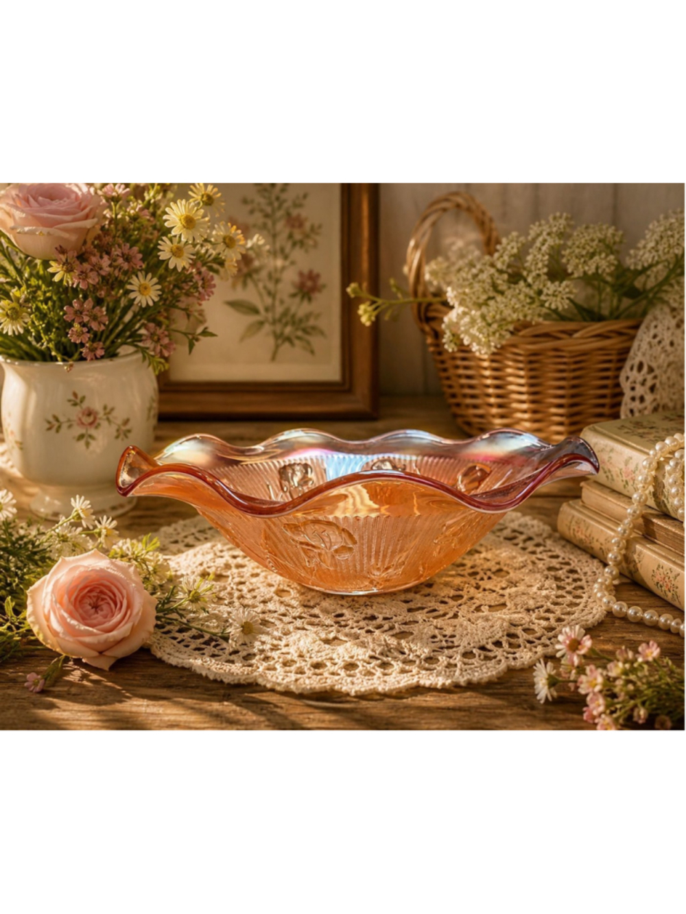 Vintage Carnival Glass Butterfly & Tulip Ruffled Bowl Marigold Iridescent 11.75”
